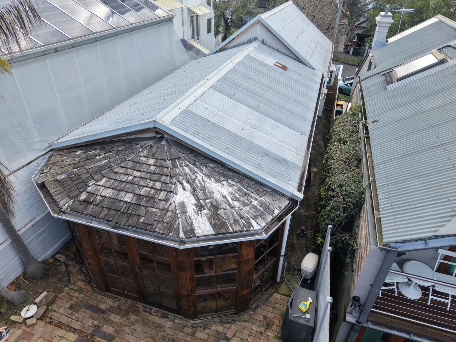 Rear wooden-shingle roof at View Street, Annandale before replacement with metal roofing