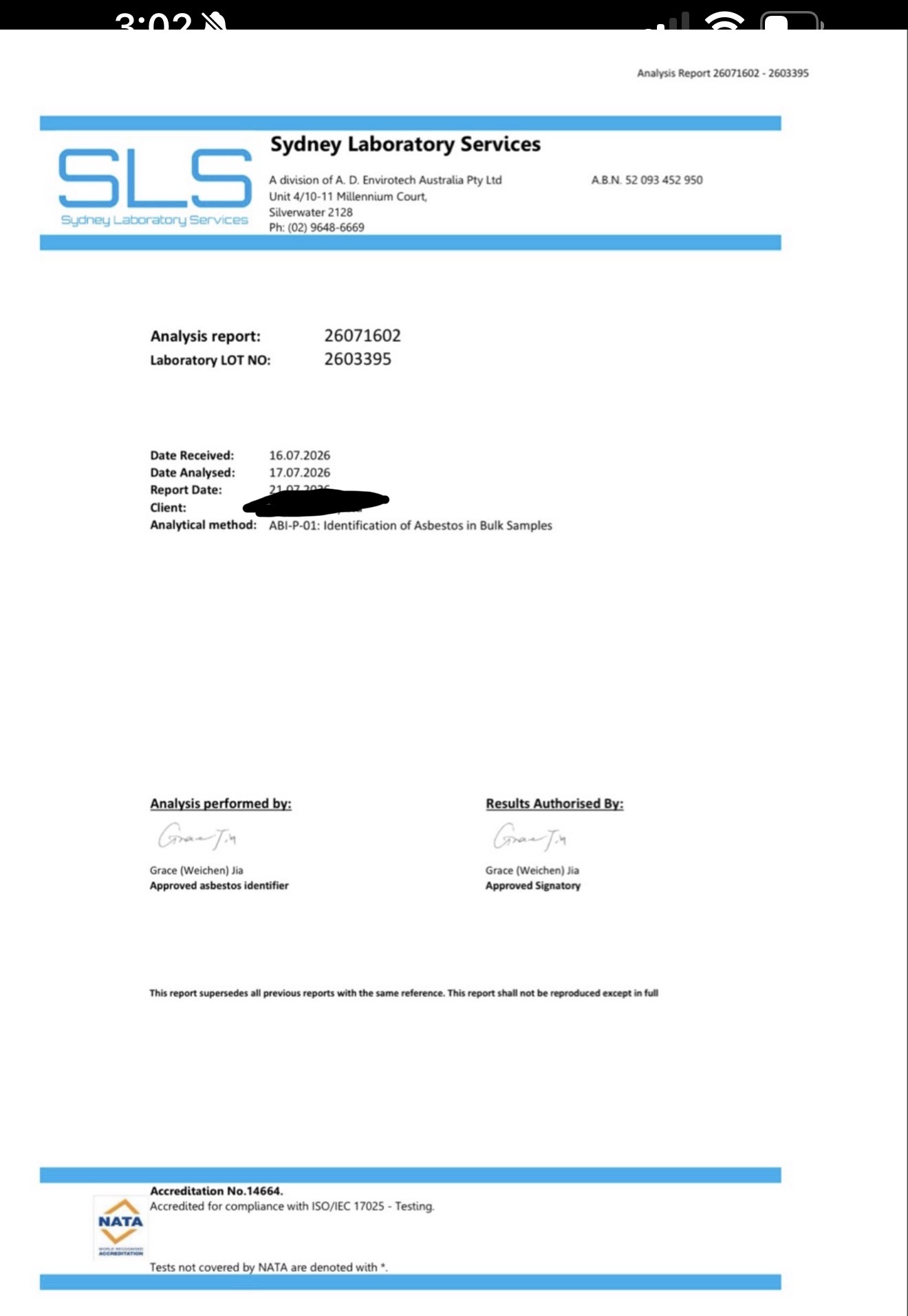 NATA-accredited asbestos test report from Sydney Laboratory Services confirming positive result in decramastic tile coating
