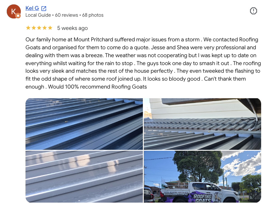 Client review — Colorbond Kliplok Roof Replacement in Mount Pritchard